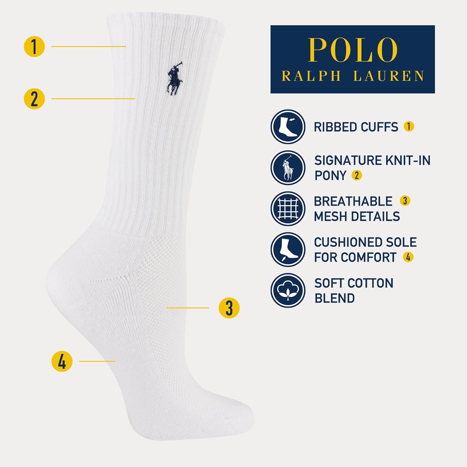 imagePOLO RALPH LAUREN Womens Cushioned Cotton Sport Crew Socks 3 Pair Pack Athletic Half Cushion ComfortWhite