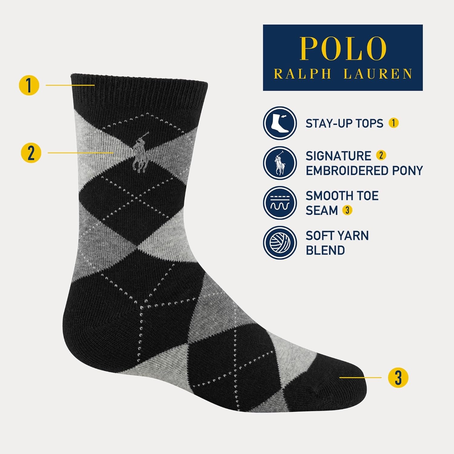 imagePOLO RALPH LAUREN Boys Argyle Pattern Dress Crew Socks 3 Pair Pack Soft Lightweight Cotton ComfortCharcoal Assorted