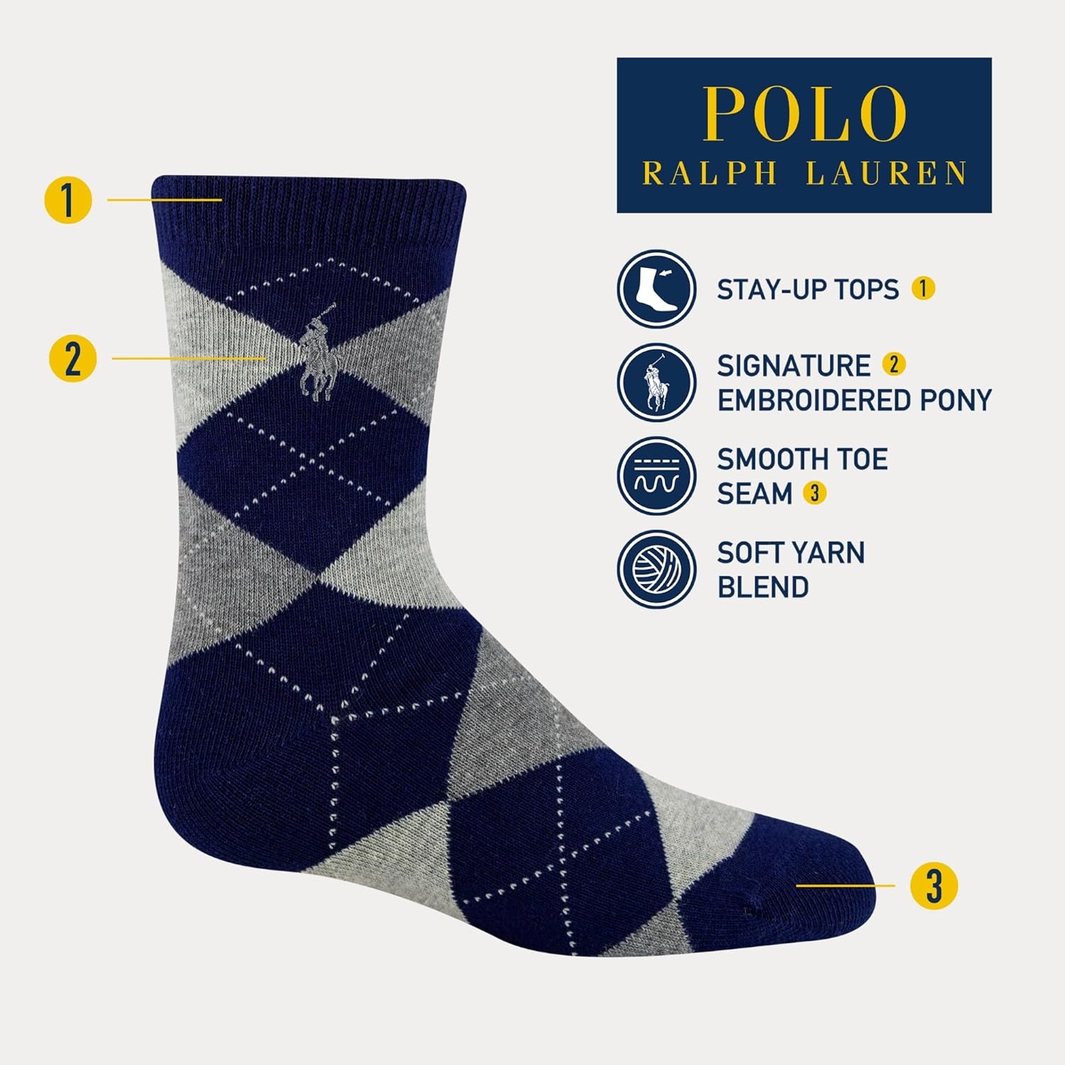 imagePOLO RALPH LAUREN Boys Argyle Pattern Dress Crew Socks 3 Pair Pack Soft Lightweight Cotton ComfortNavy Assorted