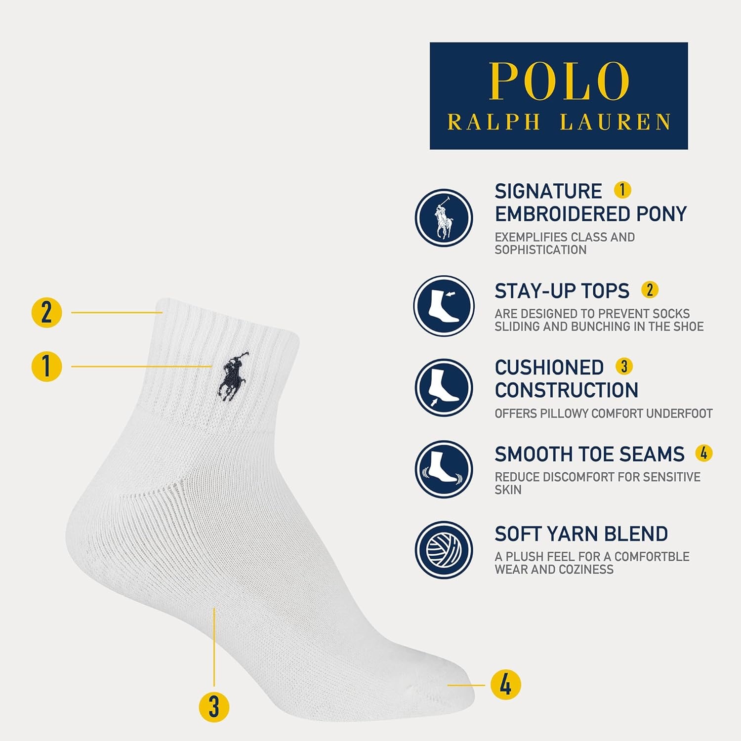 imagePOLO RALPH LAUREN Boys Athletic Performance Ankle Socks 6 Pair Pack Soft Cushioned ComfortWhite