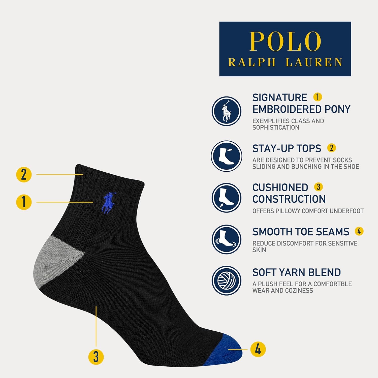 imagePOLO RALPH LAUREN Boys Athletic Performance Ankle Socks 6 Pair Pack Soft Cushioned ComfortWhite Assorted