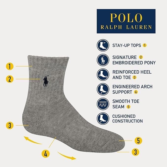 imagePOLO RALPH LAUREN Boys Athletic Performance Crew Socks 6 Pair Pack Soft Cushioned ComfortGray Heather Assorted