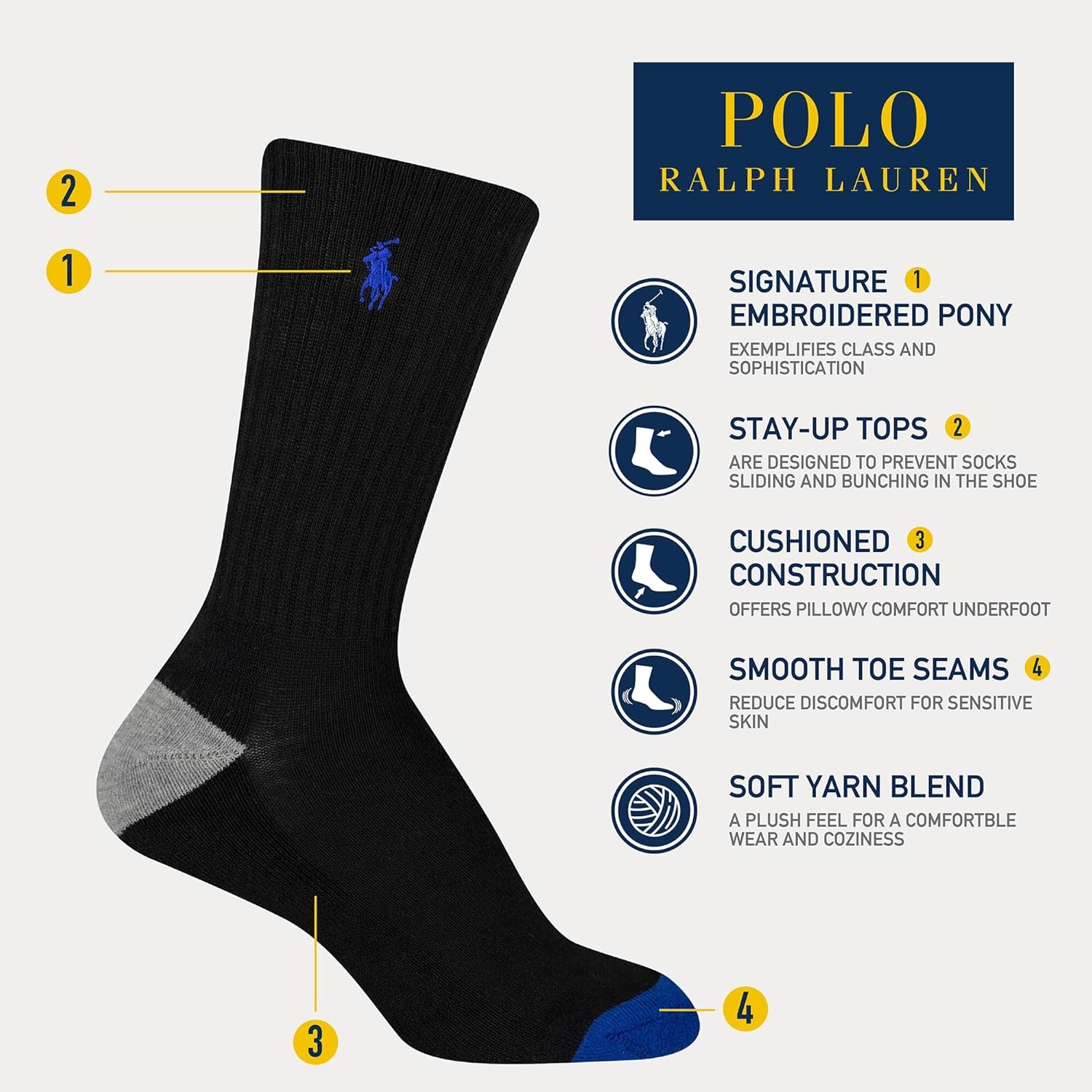 imagePOLO RALPH LAUREN Boys Athletic Performance Crew Socks 6 Pair Pack Soft Cushioned ComfortWhite Assorted