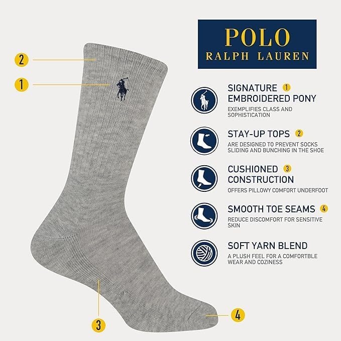 imagePOLO RALPH LAUREN Boys Athletic Performance Crew Socks 6 Pair Pack Soft Cushioned ComfortWhite Cotton