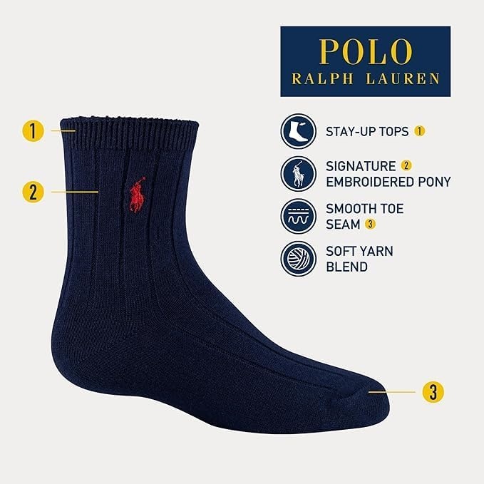 imagePOLO RALPH LAUREN Boys Classic Solid Rib Dress Crew Socks 3 Pair Pack Sustainable Cotton ComfortNavy Assorted