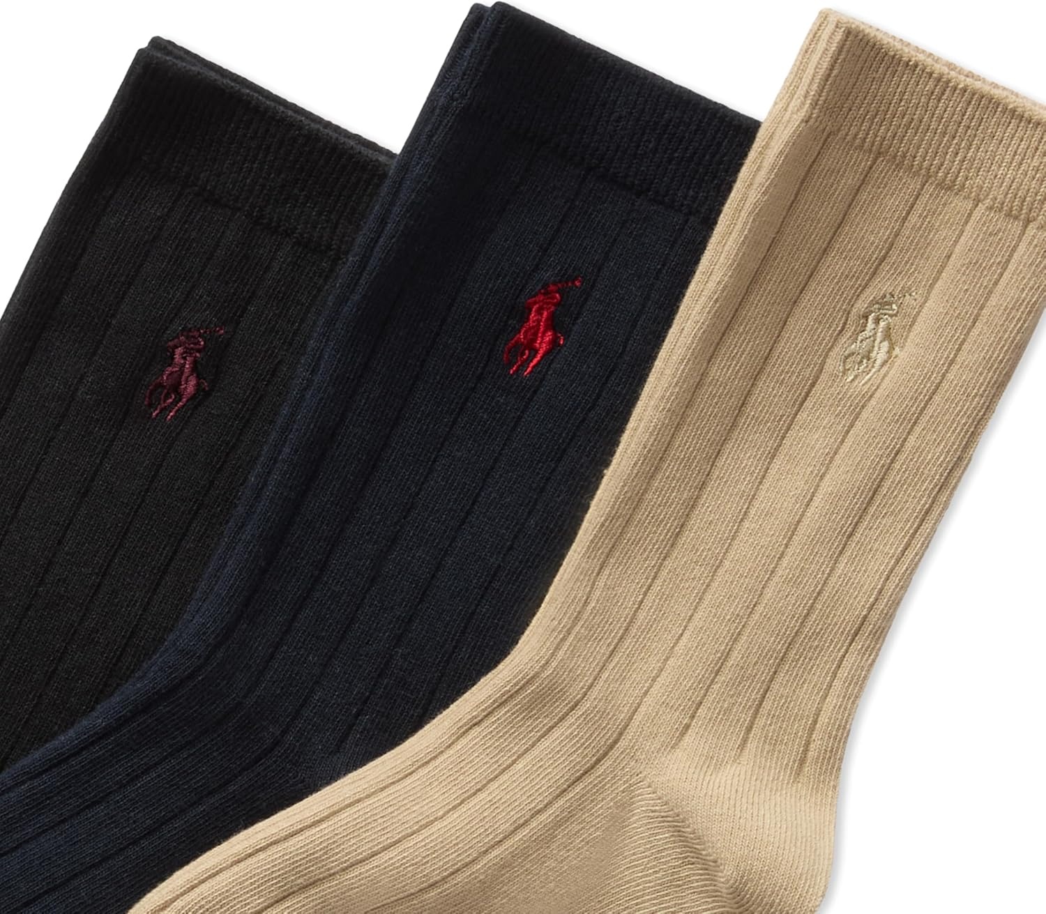 imagePOLO RALPH LAUREN Boys Classic Solid Rib Dress Crew Socks 3 Pair Pack Sustainable Cotton ComfortTan