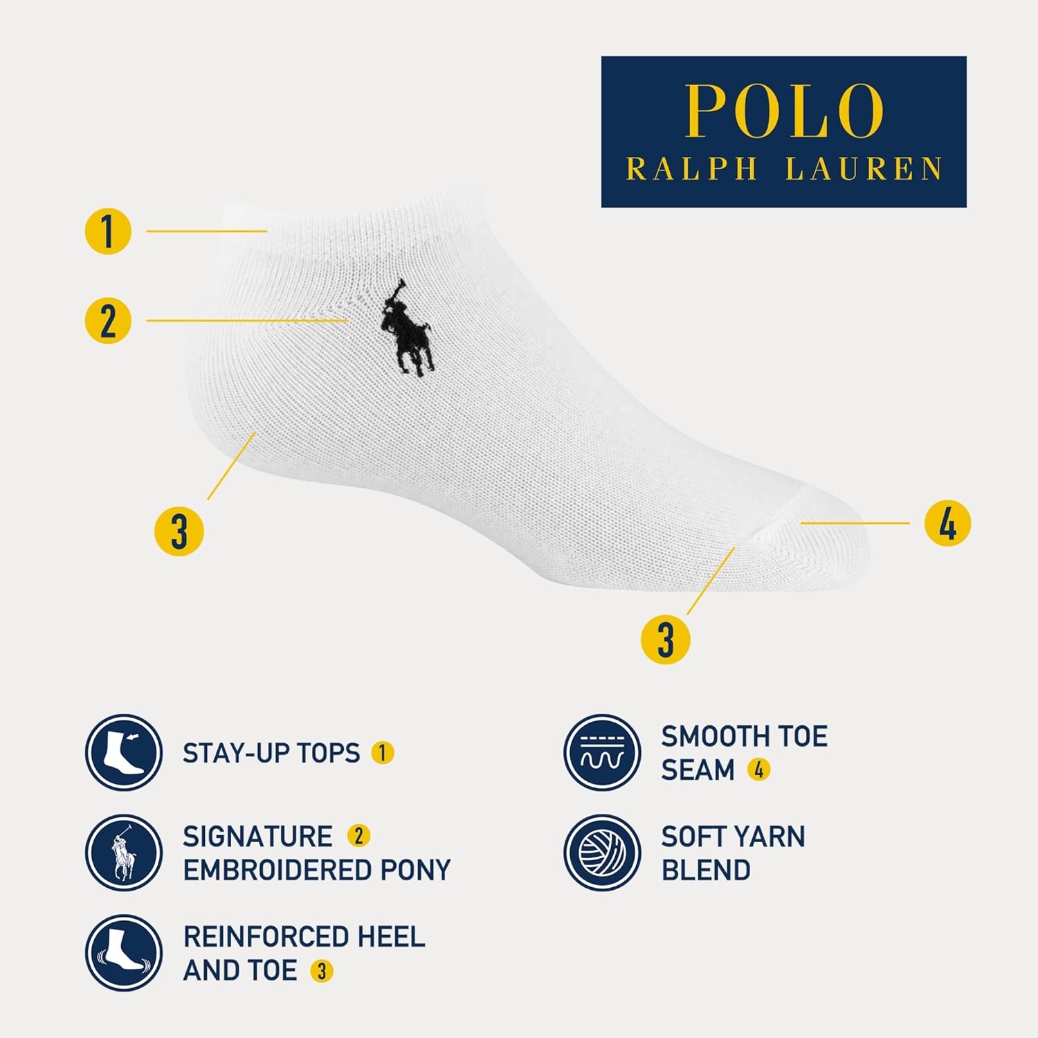 imagePOLO RALPH LAUREN Girls Athletic Performance Low Cut Soft Lightweight Comfort Socks 6PackWhite Bright Cotton