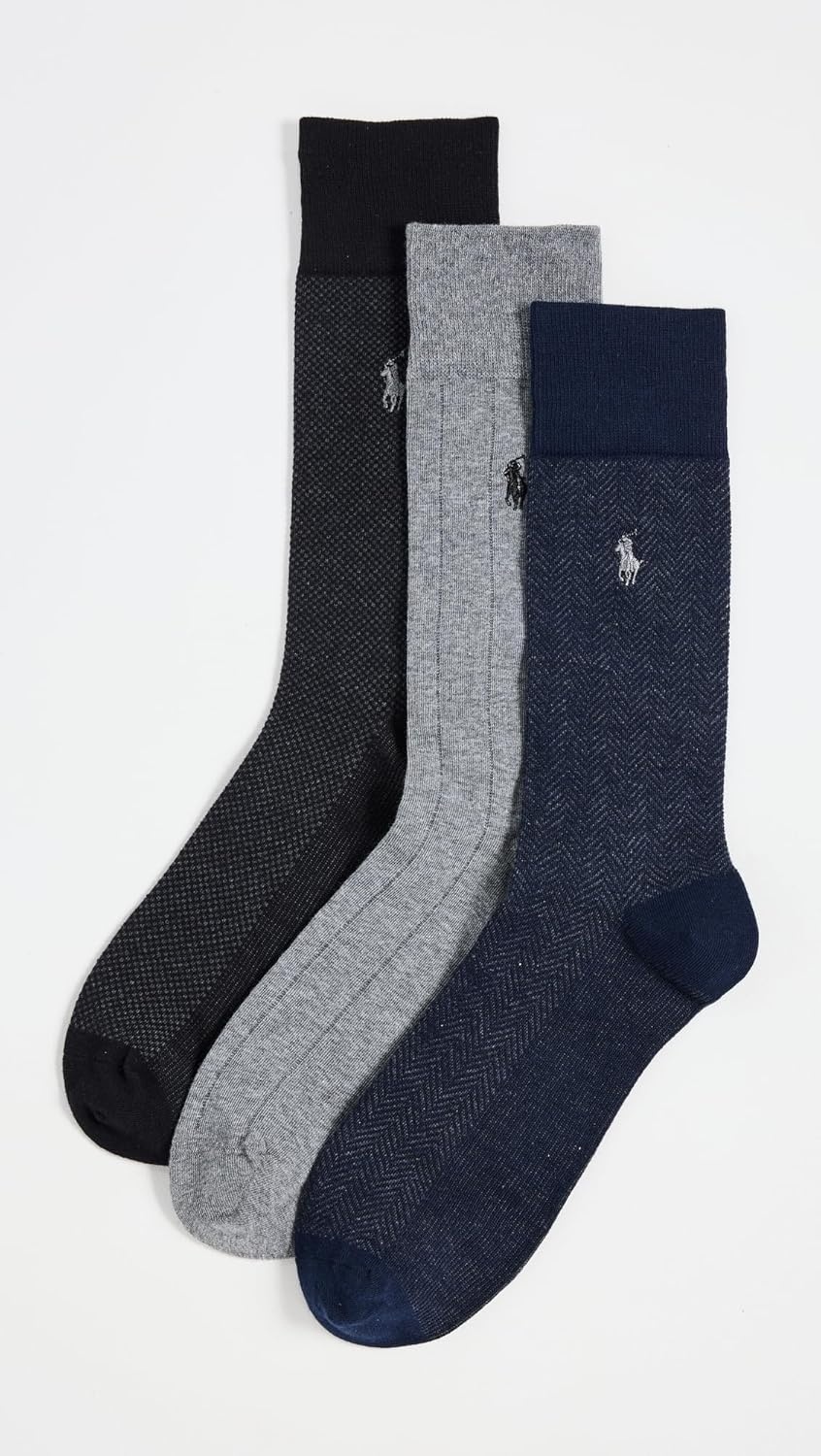 imagePOLO RALPH LAUREN Mens Assorted Pattern Dress Crew Socks 3 Pair Pack Soft Lightweight CottonGents Navy Assorted