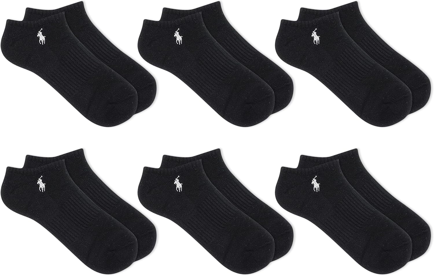 imagePOLO RALPH LAUREN Mens Athletic Performance Cotton Low Cut Socks 6 Pair Pack Moisture Wicking MeshBlack