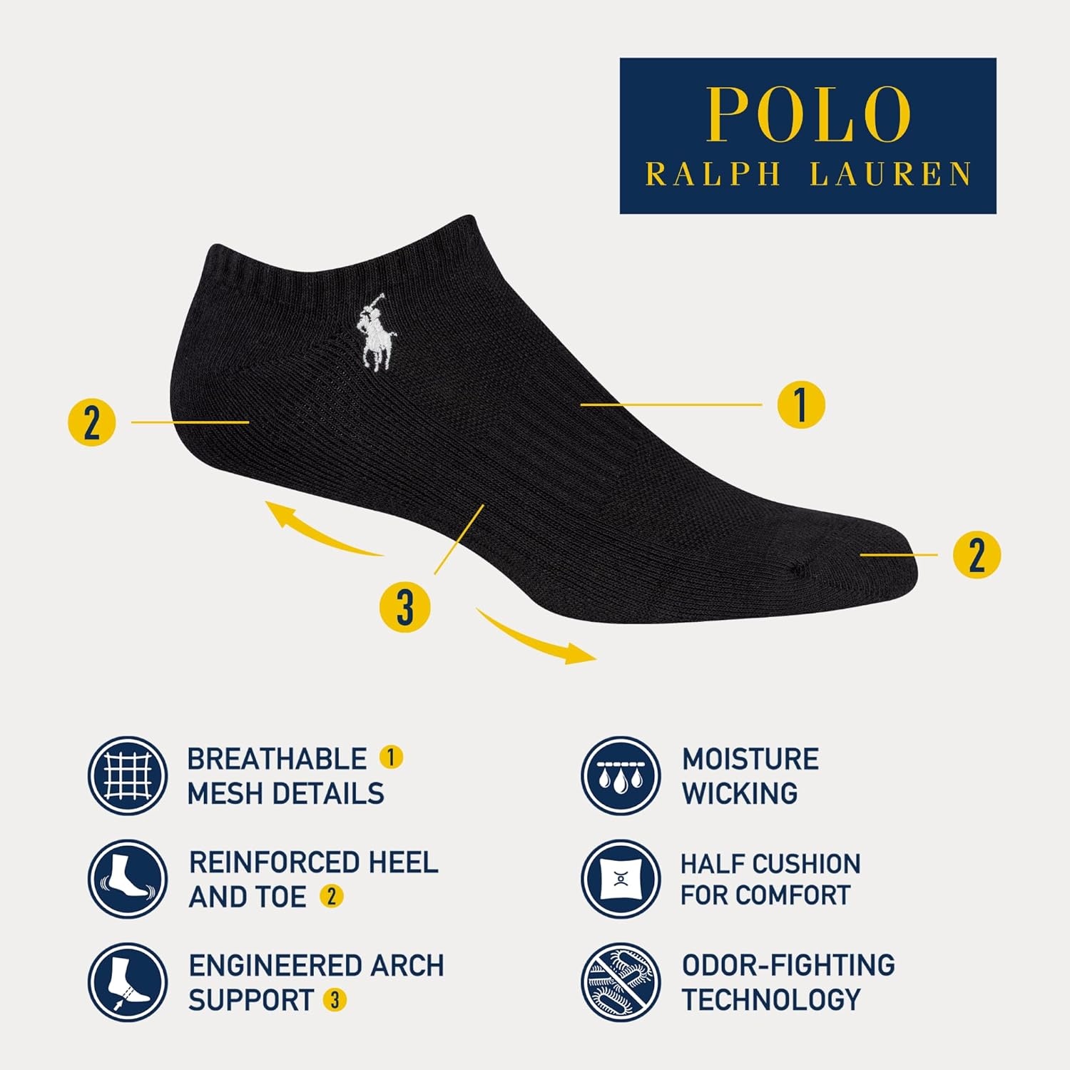 imagePOLO RALPH LAUREN Mens Athletic Performance Cotton Low Cut Socks 6 Pair Pack Moisture Wicking MeshBlack