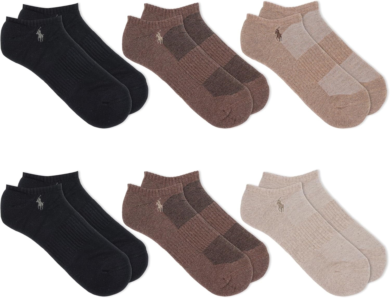 imagePOLO RALPH LAUREN Mens Athletic Performance Cotton Low Cut Socks 6 Pair Pack Moisture Wicking MeshBrown