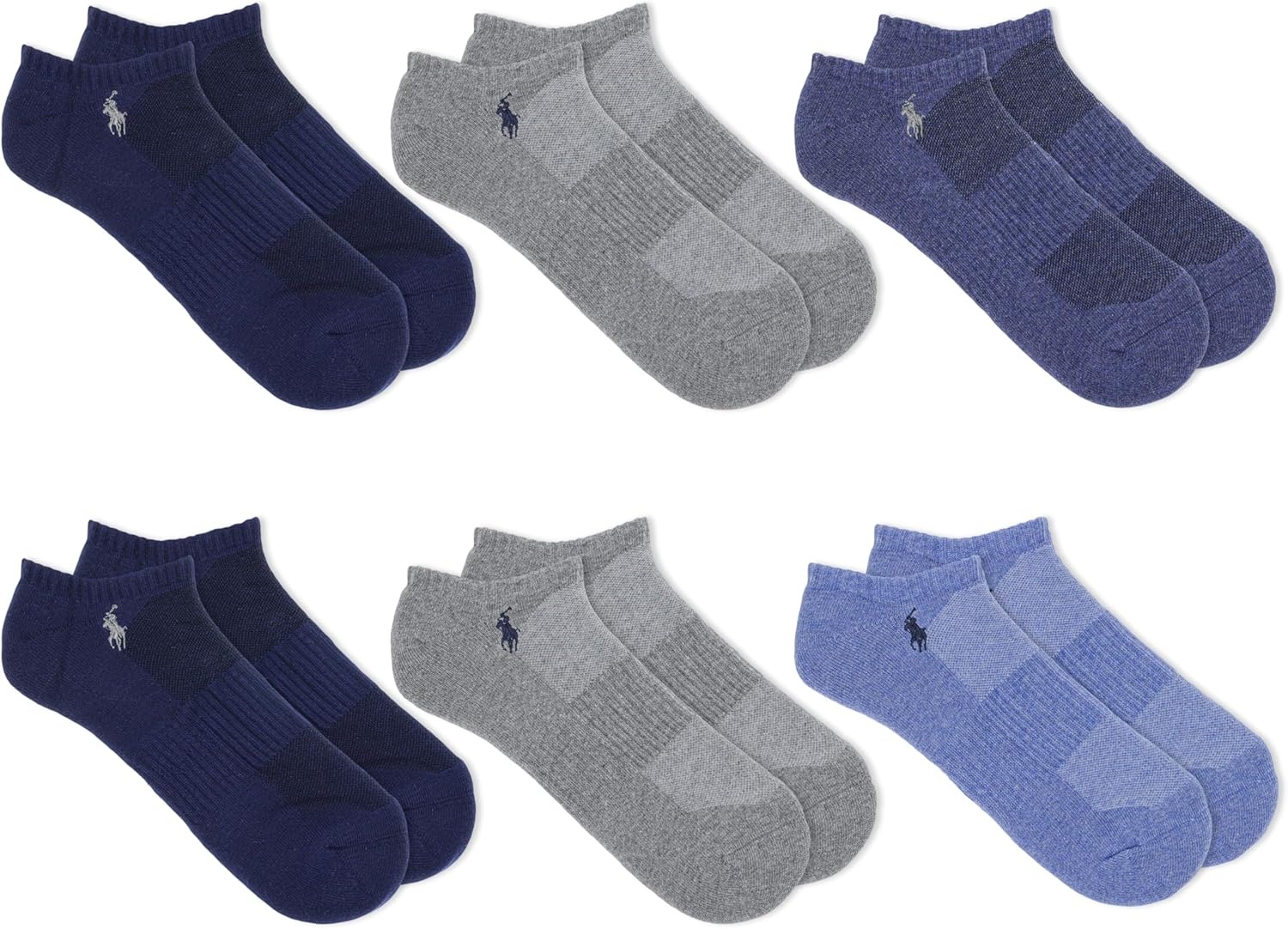 imagePOLO RALPH LAUREN Mens Athletic Performance Cotton Low Cut Socks 6 Pair Pack Moisture Wicking MeshDenim
