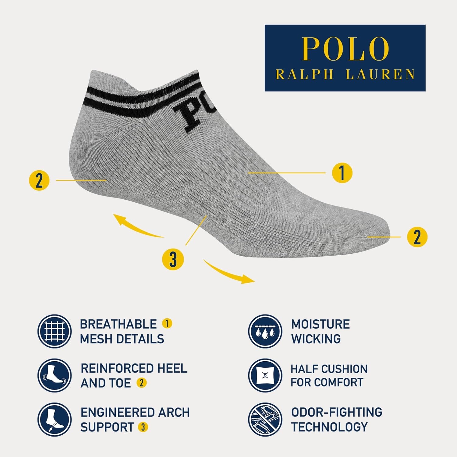 imagePOLO RALPH LAUREN Mens Athletic Performance Cotton Low Cut Socks 6 Pair Pack Moisture Wicking MeshDouble Bar Polo