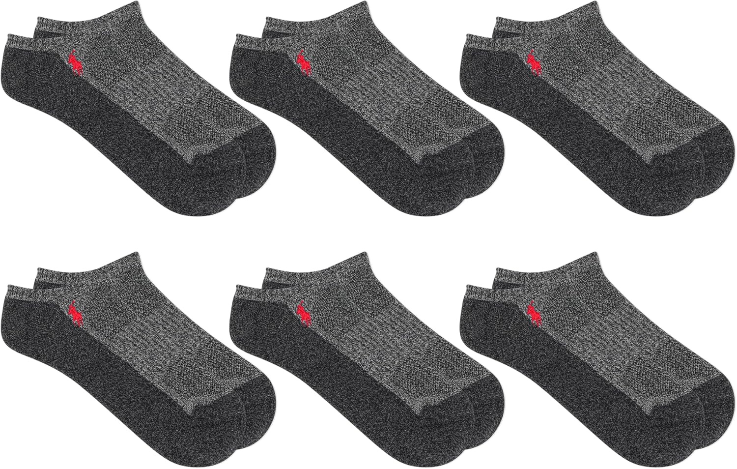 imagePOLO RALPH LAUREN Mens Athletic Performance Cotton Low Cut Socks 6 Pair Pack Moisture Wicking MeshGray Marl Contrast