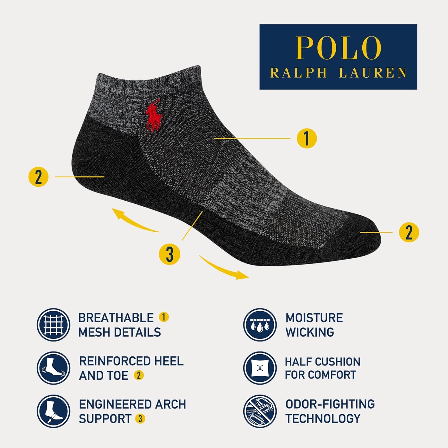 imagePOLO RALPH LAUREN Mens Athletic Performance Cotton Low Cut Socks 6 Pair Pack Moisture Wicking MeshGray Marl Contrast