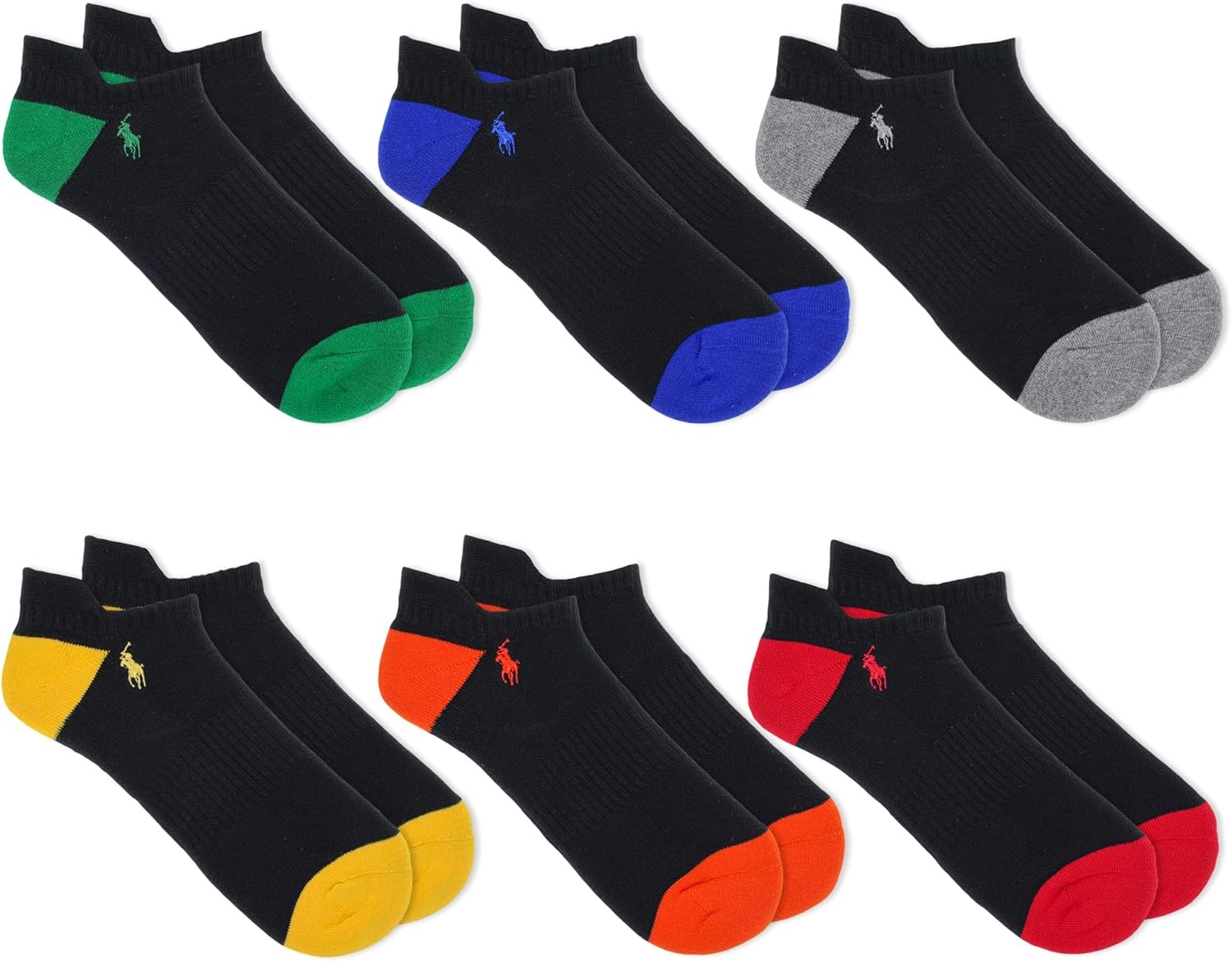 imagePOLO RALPH LAUREN Mens Athletic Performance Cotton Low Cut Socks 6 Pair Pack Moisture Wicking MeshMulticolor Tip Black