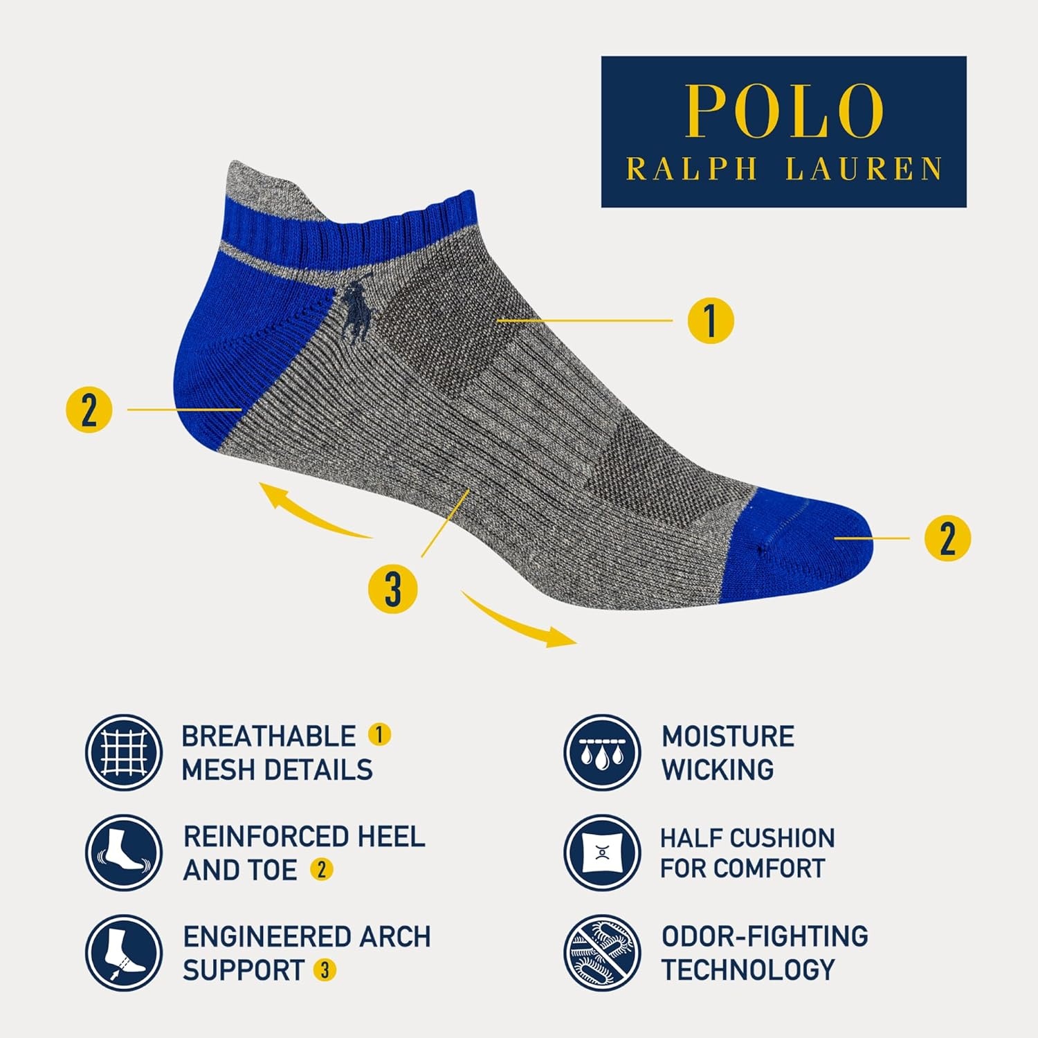 imagePOLO RALPH LAUREN Mens Athletic Performance Cotton Low Cut Socks 6 Pair Pack Moisture Wicking MeshMulticolor Tip Gray