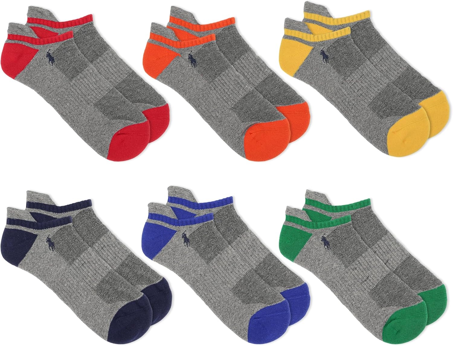 imagePOLO RALPH LAUREN Mens Athletic Performance Cotton Low Cut Socks 6 Pair Pack Moisture Wicking MeshMulticolor Tip Gray