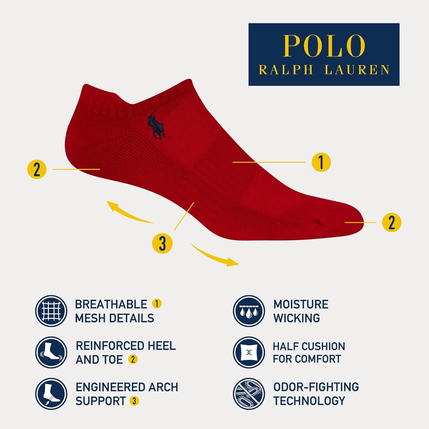 imagePOLO RALPH LAUREN Mens Athletic Performance Cotton Low Cut Socks 6 Pair Pack Moisture Wicking MeshSolid Bright