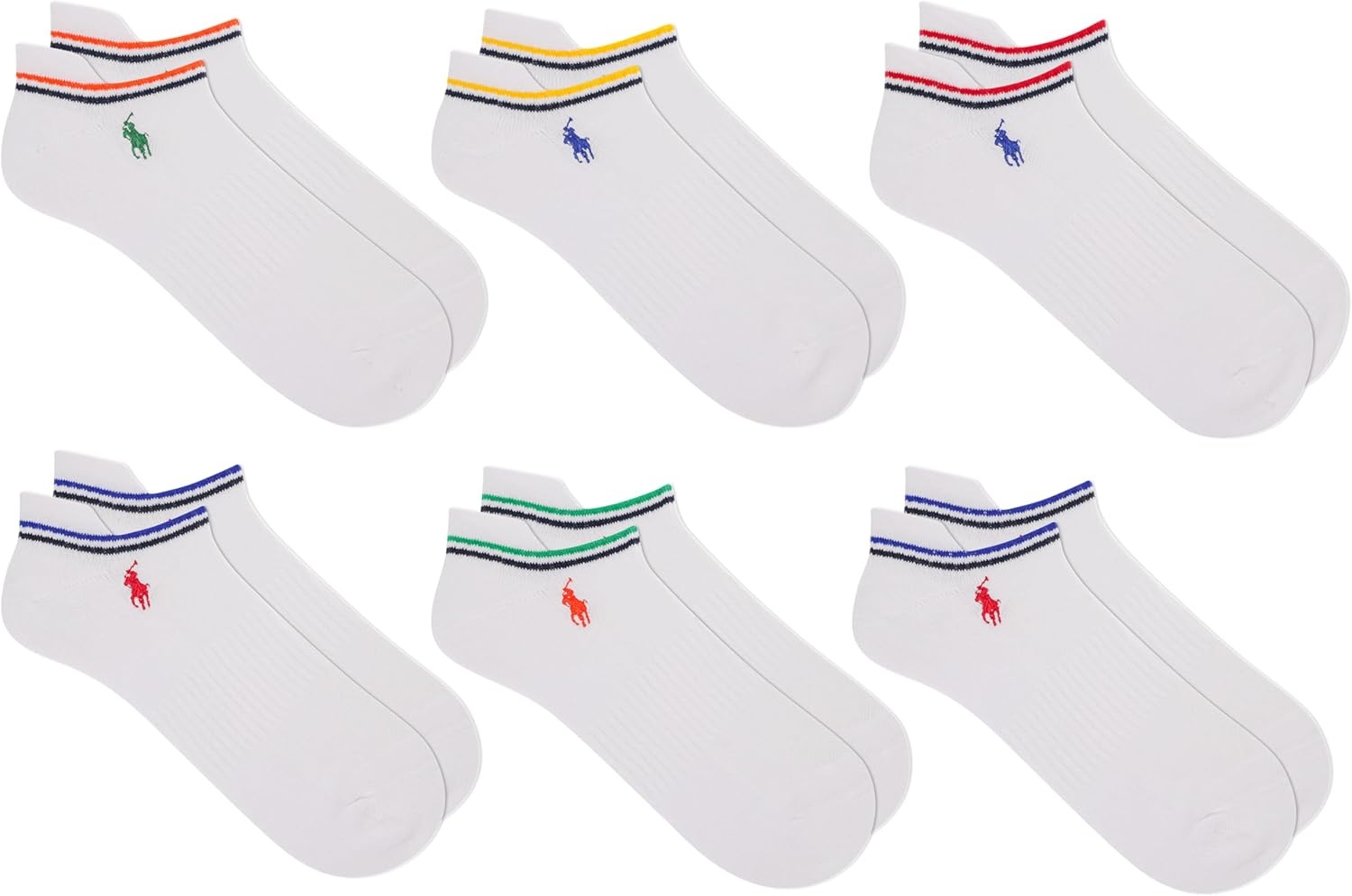 imagePOLO RALPH LAUREN Mens Athletic Performance Cotton Low Cut Socks 6 Pair Pack Moisture Wicking MeshWhite Stripes