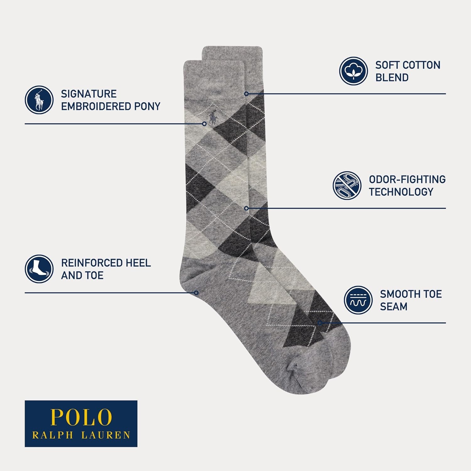 imagePOLO RALPH LAUREN Mens Casual Wool Ribbed Boot Crew Socks 1 Pair Pack Doer LambswoolBlack Gray