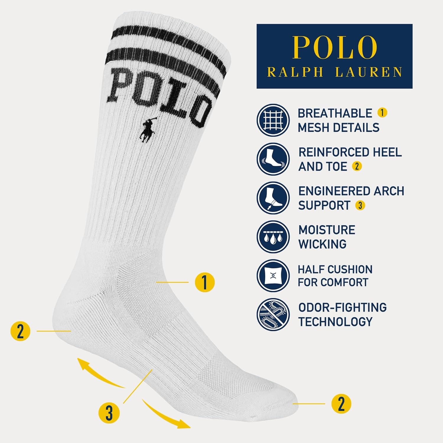 imagePOLO RALPH LAUREN Mens Casual Wool Ribbed Boot Crew Socks 1 Pair Pack Doer LambswoolDouble Bar Polo