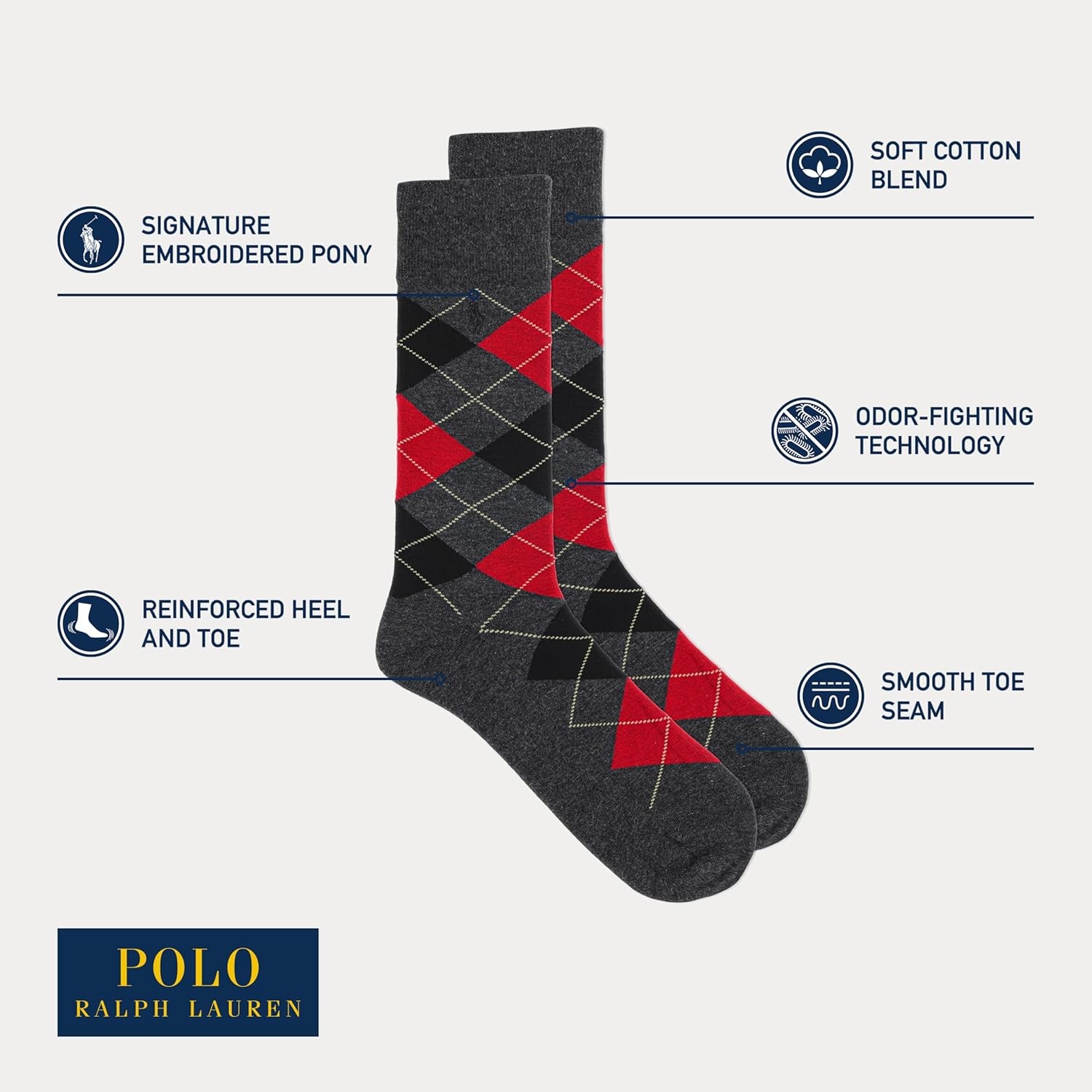 imagePOLO RALPH LAUREN Mens Casual Wool Ribbed Boot Crew Socks 1 Pair Pack Doer LambswoolRed