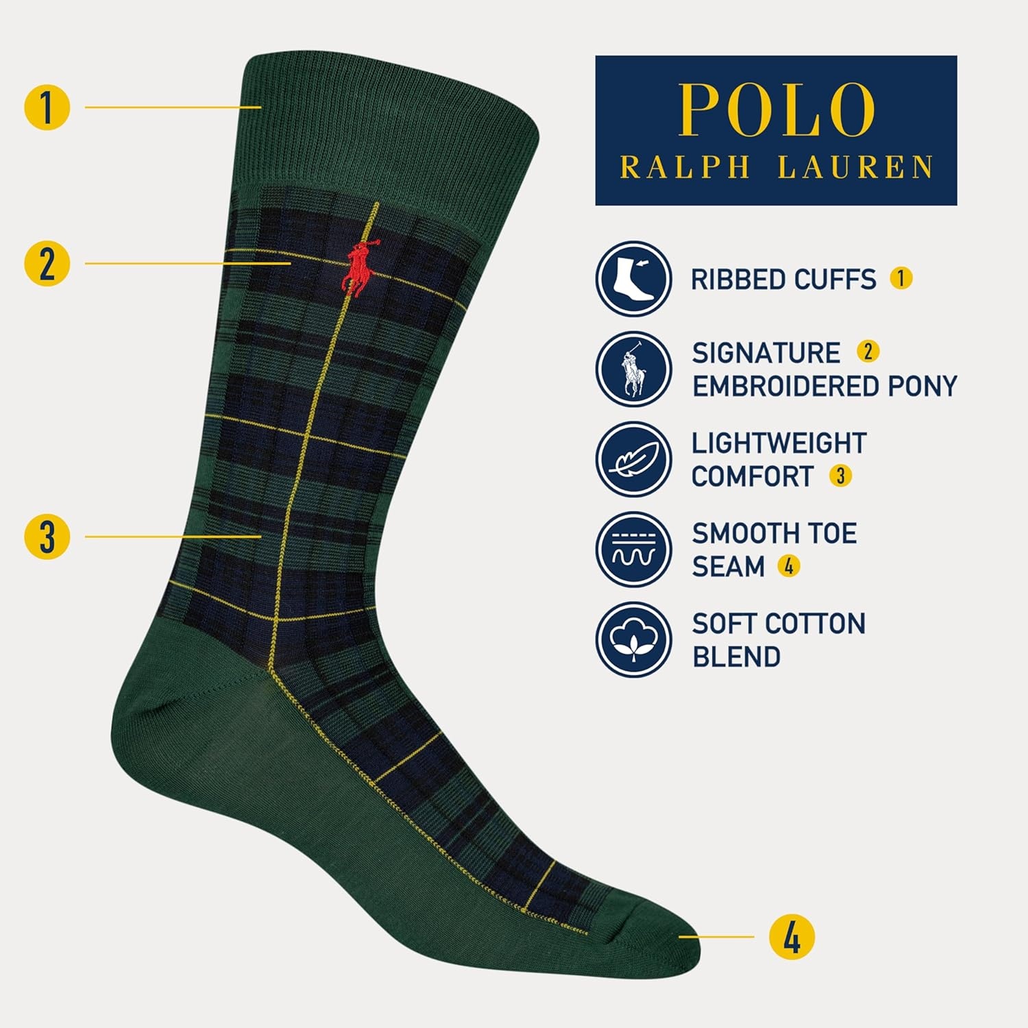 imagePOLO RALPH LAUREN Mens Casual Wool Ribbed Boot Crew Socks 1 Pair Pack Doer LambswoolTartan Gift Box