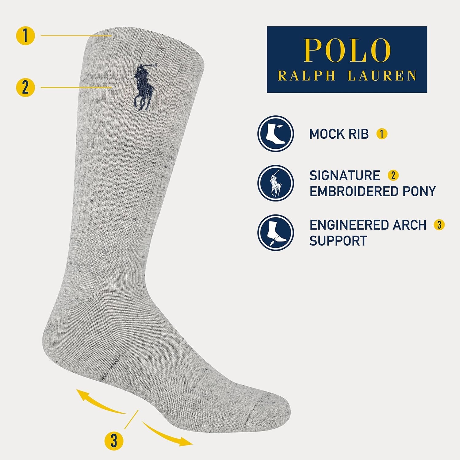 imagePOLO RALPH LAUREN Mens Classic Embroidery Big Pony Crew Socks 3 Pair Pack Arch SupportBlack