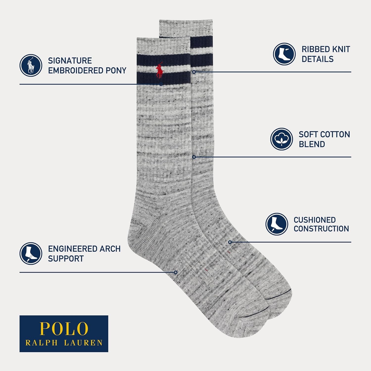imagePOLO RALPH LAUREN Mens Classic Embroidery Big Pony Crew Socks 3 Pair Pack Arch SupportWhite Assorted