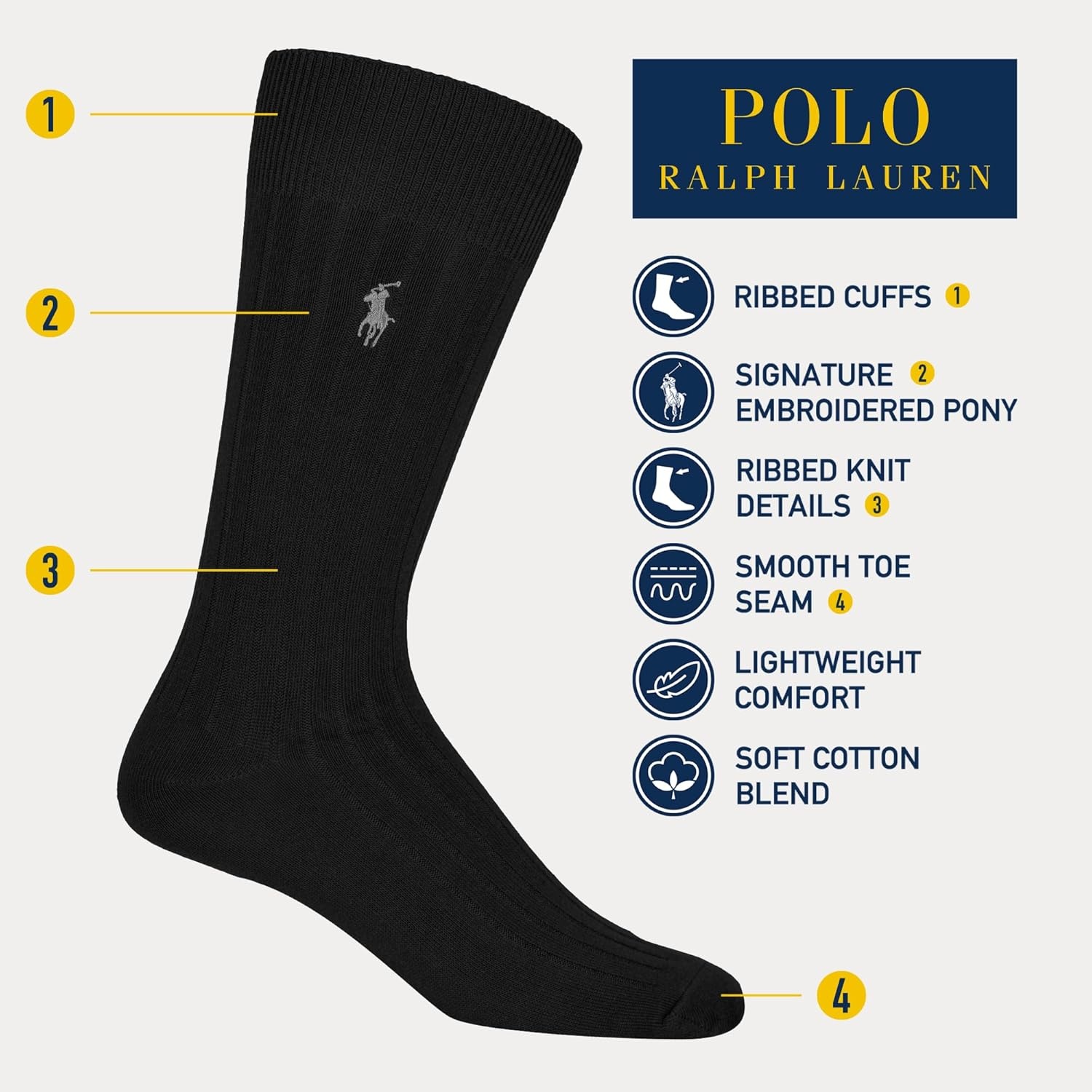 imagePOLO RALPH LAUREN Mens Egyptian Cotton Ribbed Dress Slack Crew Socks 1 Pair Pack Embroidered PonyBlack