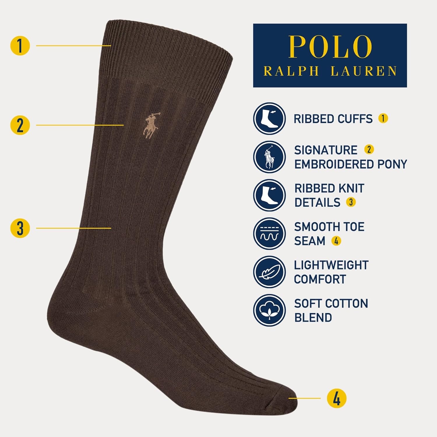 imagePOLO RALPH LAUREN Mens Egyptian Cotton Ribbed Dress Slack Crew Socks 1 Pair Pack Embroidered PonyBrown