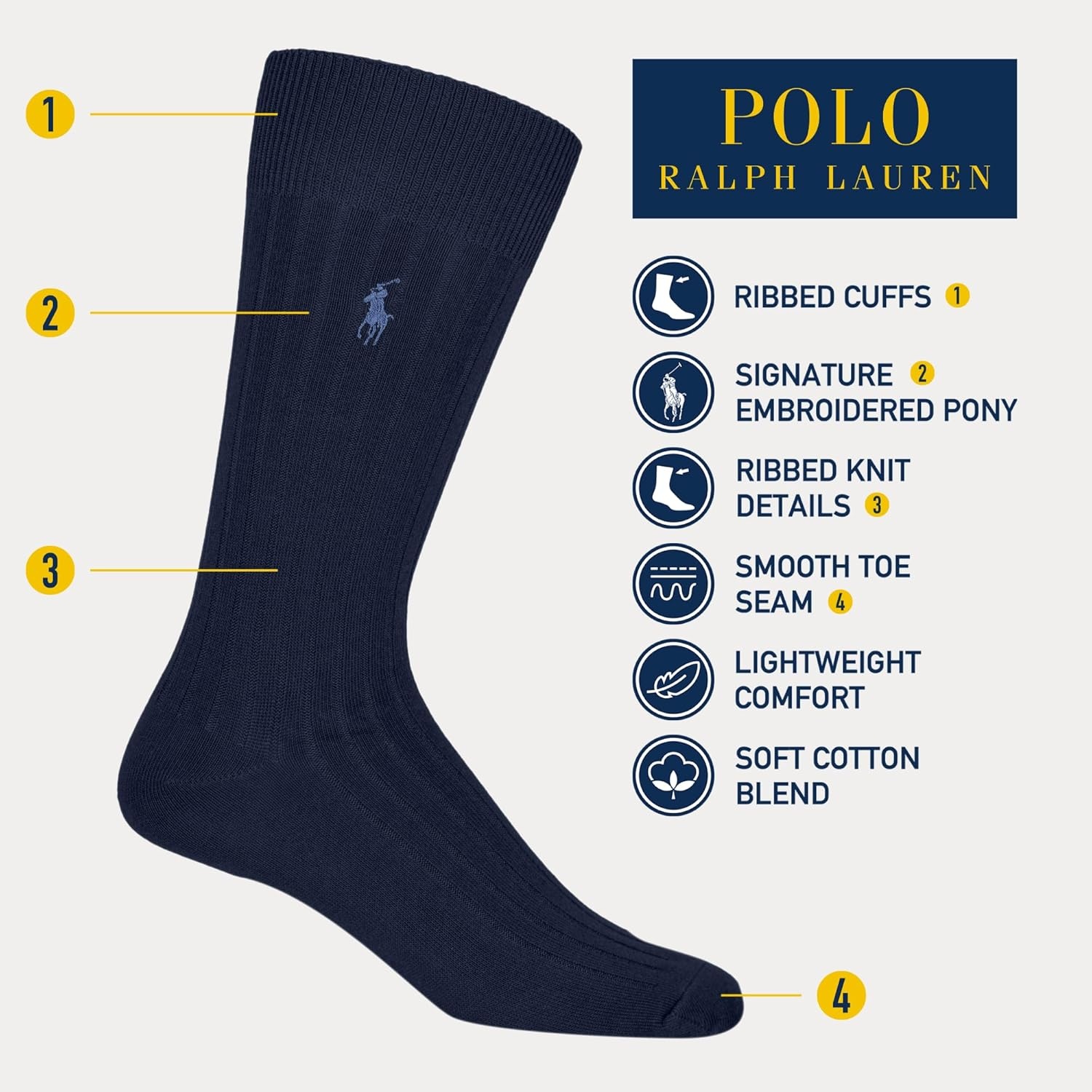 imagePOLO RALPH LAUREN Mens Egyptian Cotton Ribbed Dress Slack Crew Socks 1 Pair Pack Embroidered PonyNavy