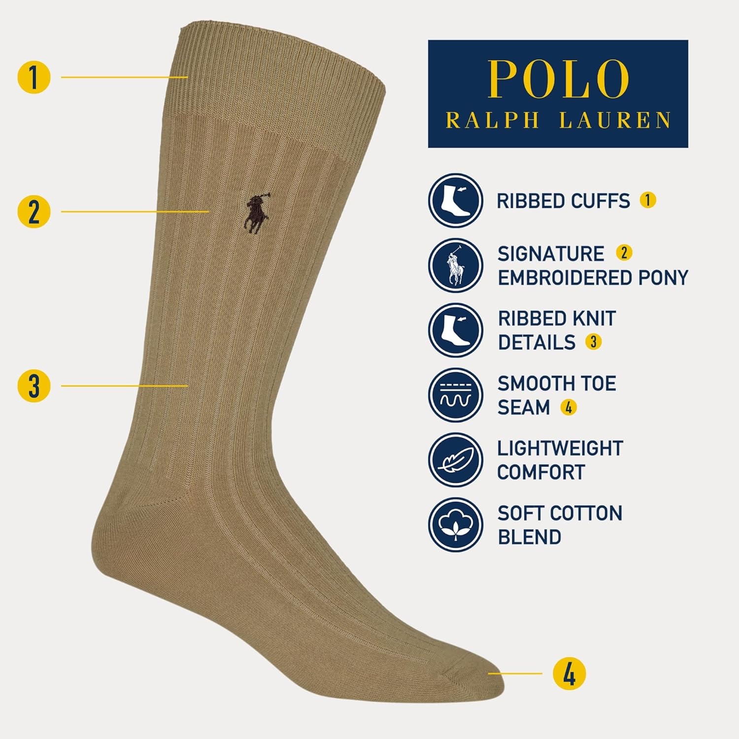 imagePOLO RALPH LAUREN Mens Egyptian Cotton Ribbed Dress Slack Crew Socks 1 Pair Pack Embroidered PonyTan