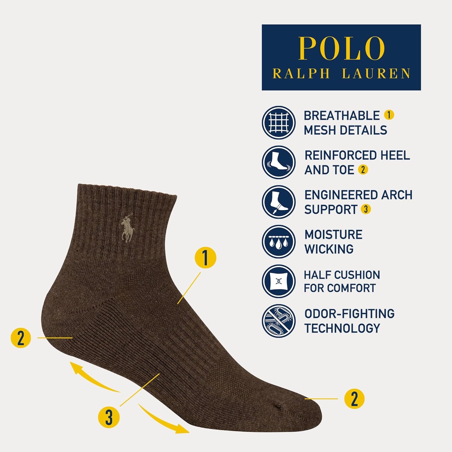 imagePOLO RALPH LAUREN Mens Performance Cotton Quarter SocksBrown