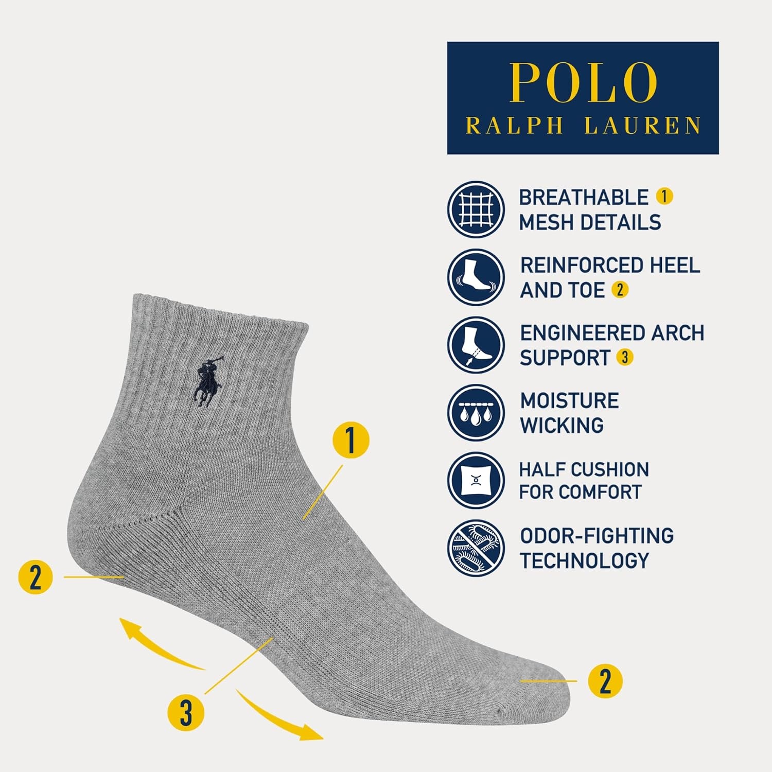 imagePOLO RALPH LAUREN Mens Performance Cotton Quarter SocksGray Heather Assorted