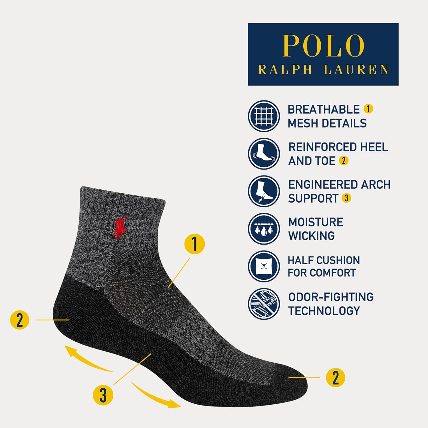 imagePOLO RALPH LAUREN Mens Performance Cotton Quarter SocksGray Marl Contrast