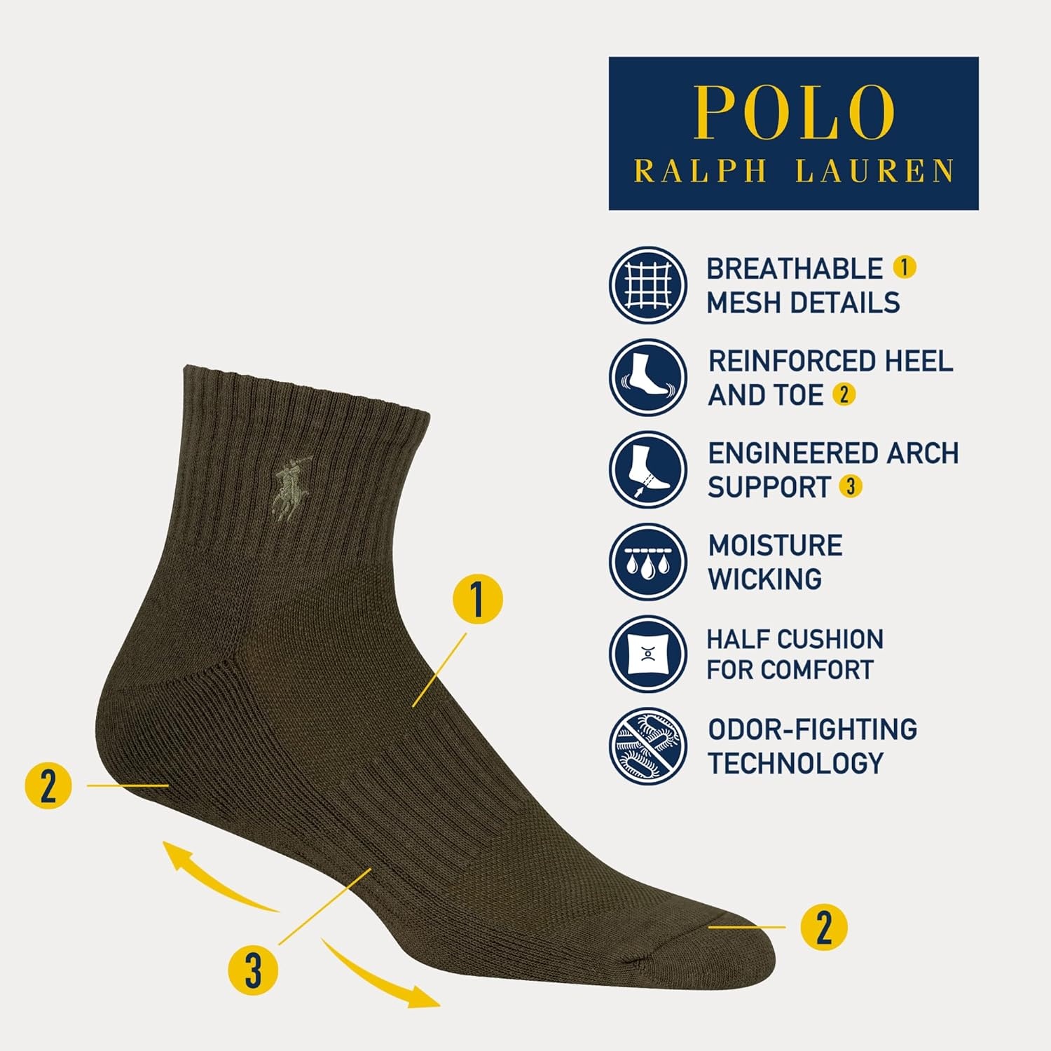 imagePOLO RALPH LAUREN Mens Performance Cotton Quarter SocksOlive Assorted