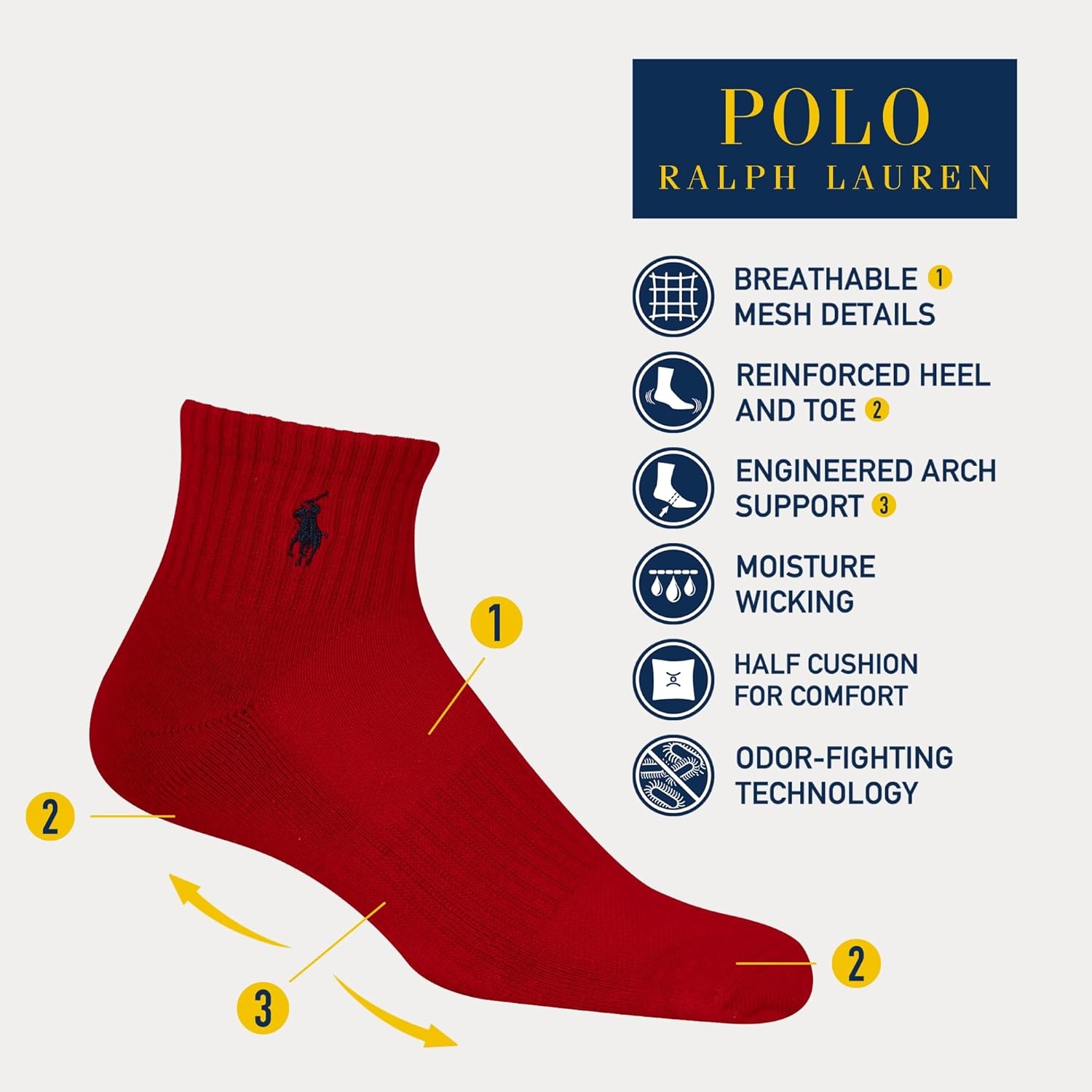 imagePOLO RALPH LAUREN Mens Performance Cotton Quarter SocksUsa Stadium