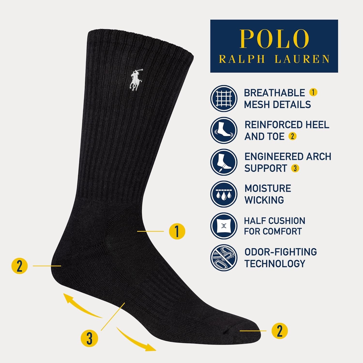 imagePOLO RALPH LAUREN Mens Performance Crew Socks 6 PackBlack