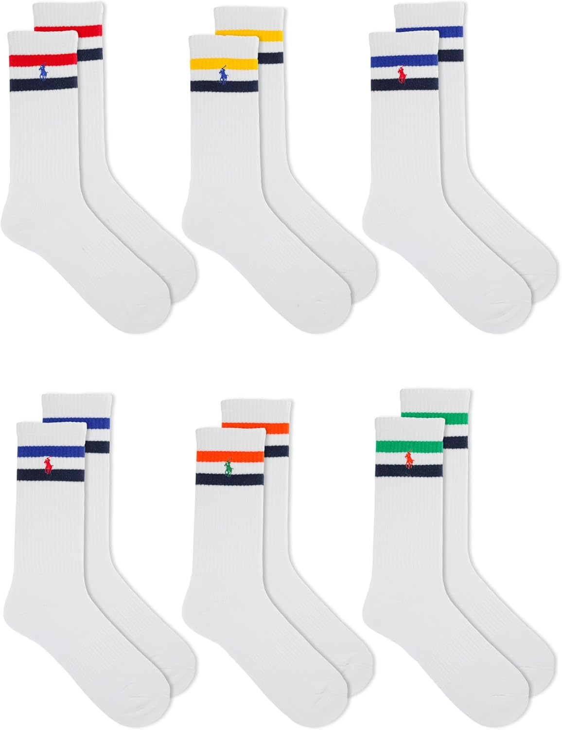 imagePOLO RALPH LAUREN Mens Performance Crew Socks 6 PackWhite Stripes