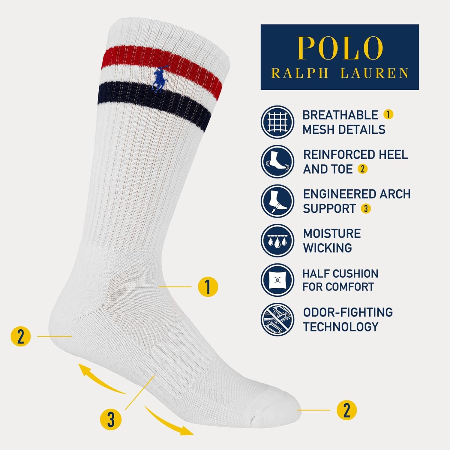 imagePOLO RALPH LAUREN Mens Performance Crew Socks 6 PackWhite Stripes