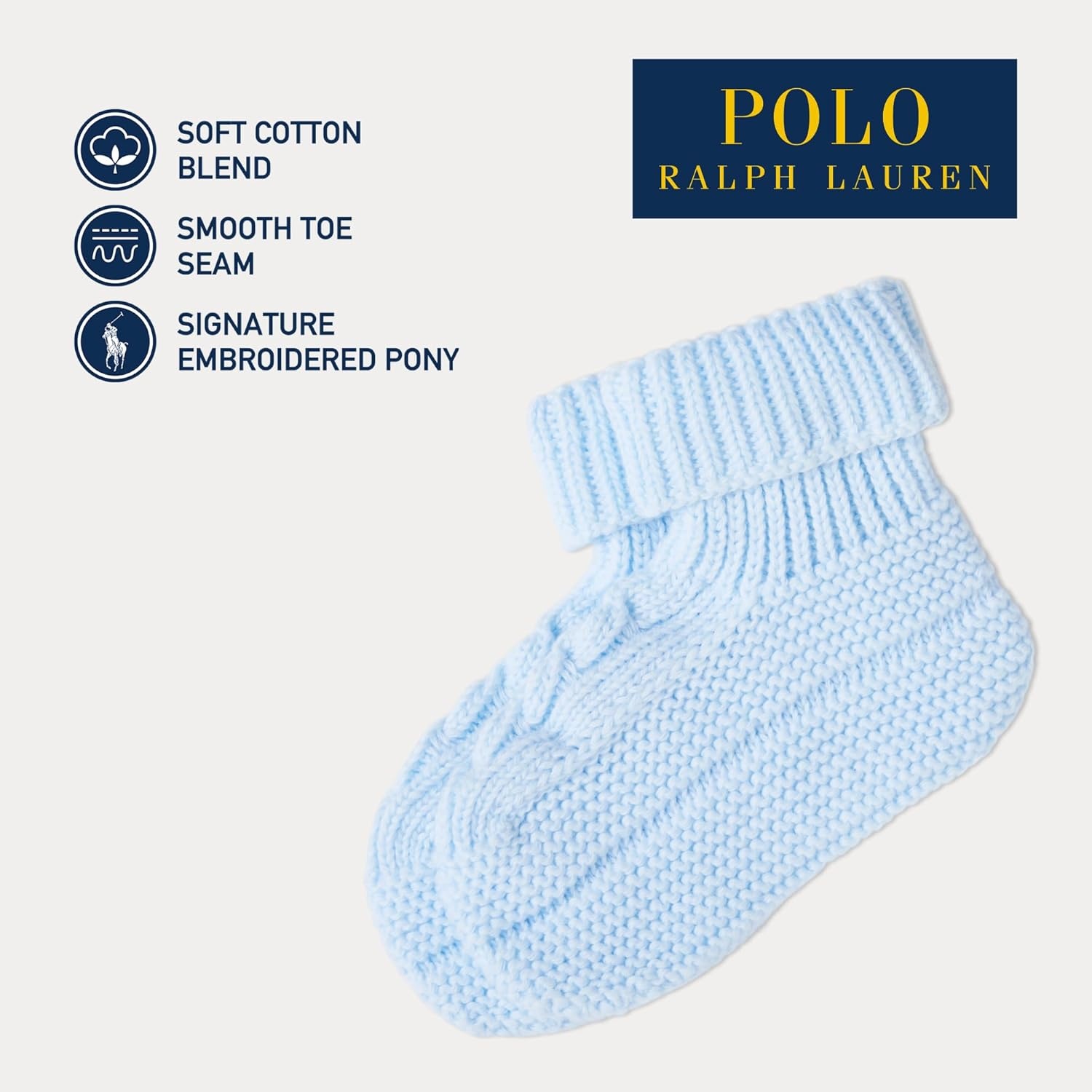 imagePOLO RALPH LAUREN Unisexbaby Babys Bootie with Cable 1 Pair Pack Soft Cotton ComfortSoft Blue