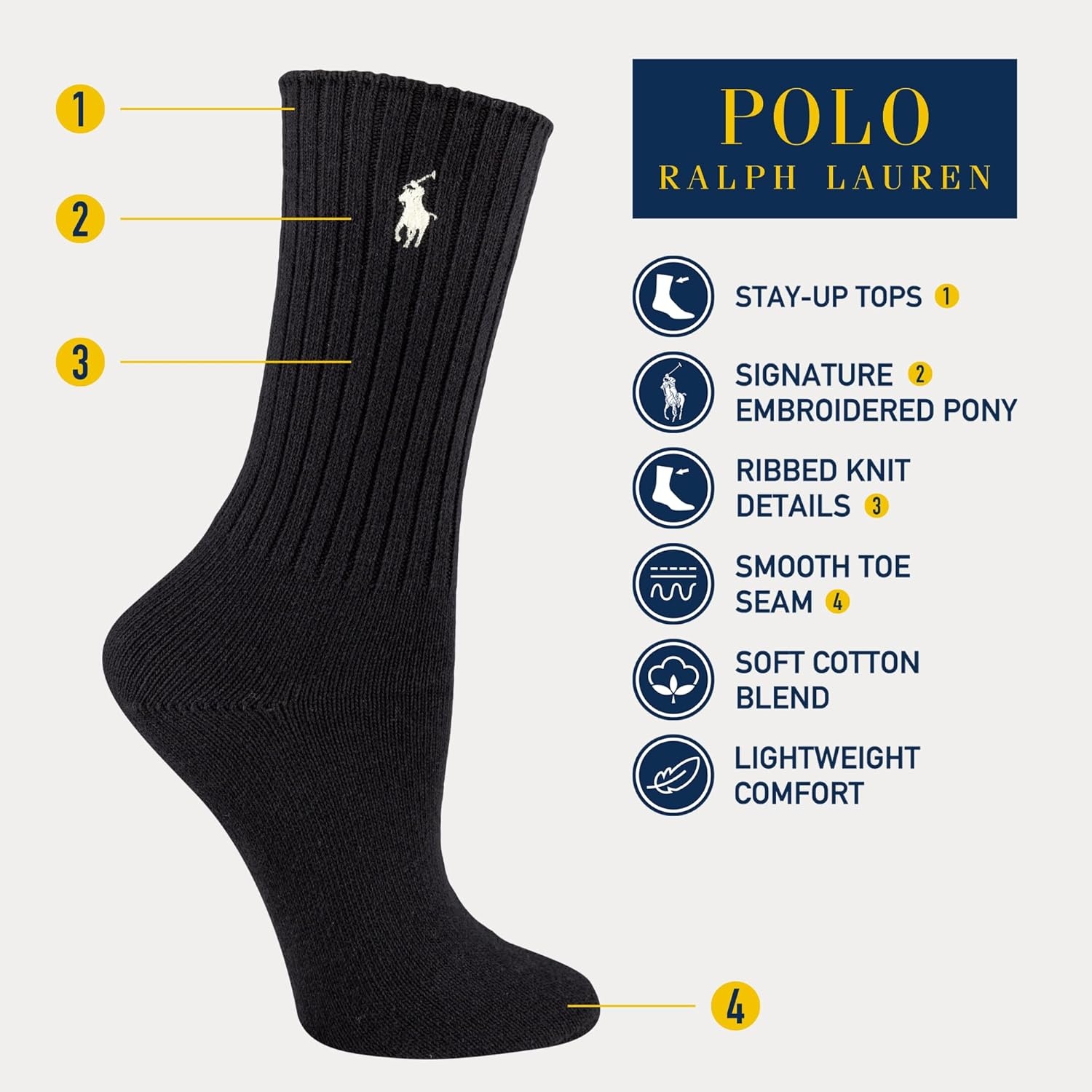 imagePOLO RALPH LAUREN Womens Casual Solid Color Crew Socks 1 Pair Combed Cotton ComfortPink