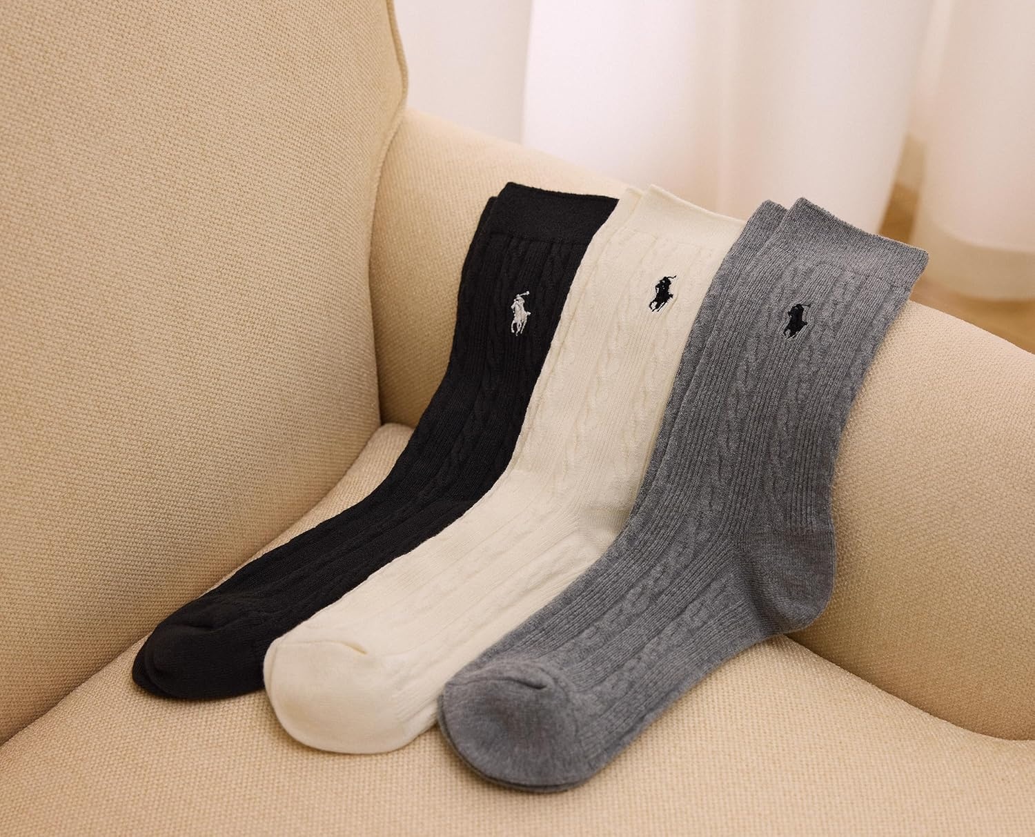 imagePOLO RALPH LAUREN Womens Classic Cotton Cable Crew Socks 3 Pair Pack Soft Cotton ComfortBlack Assorted