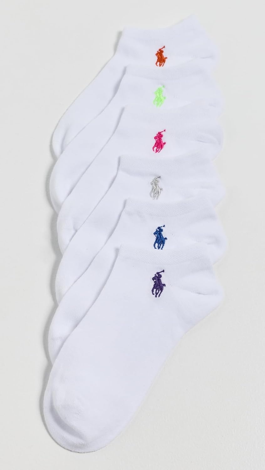 imagePOLO RALPH LAUREN Womens Ultra Low Cut Flat Knit Socks 6Pack White Assorted Bright Pony numeric4numeric10