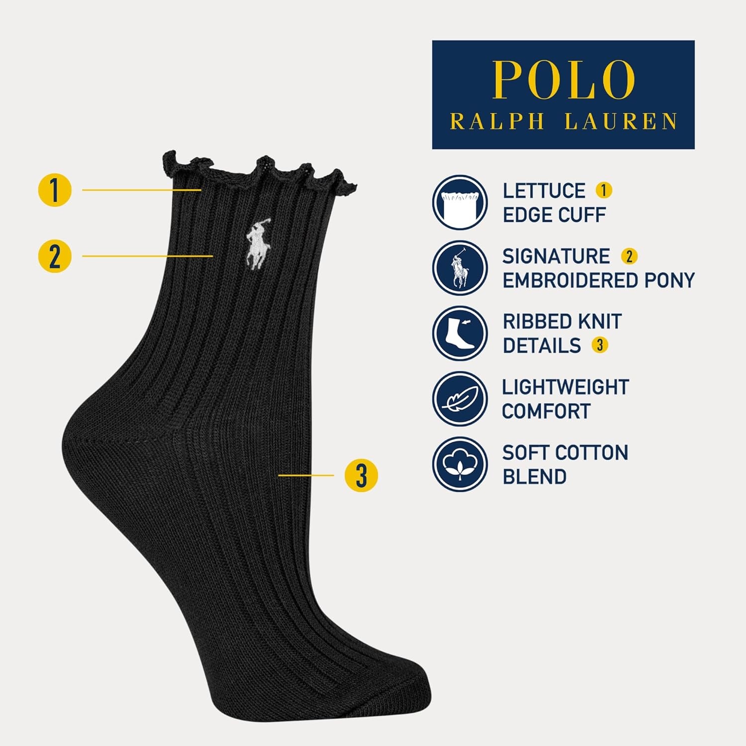 imagePOLO RALPH LAUREN womens Lettuce Edge Ankle Socks 1 Pair Pack Sustainable Cotton ComfortSolid Black