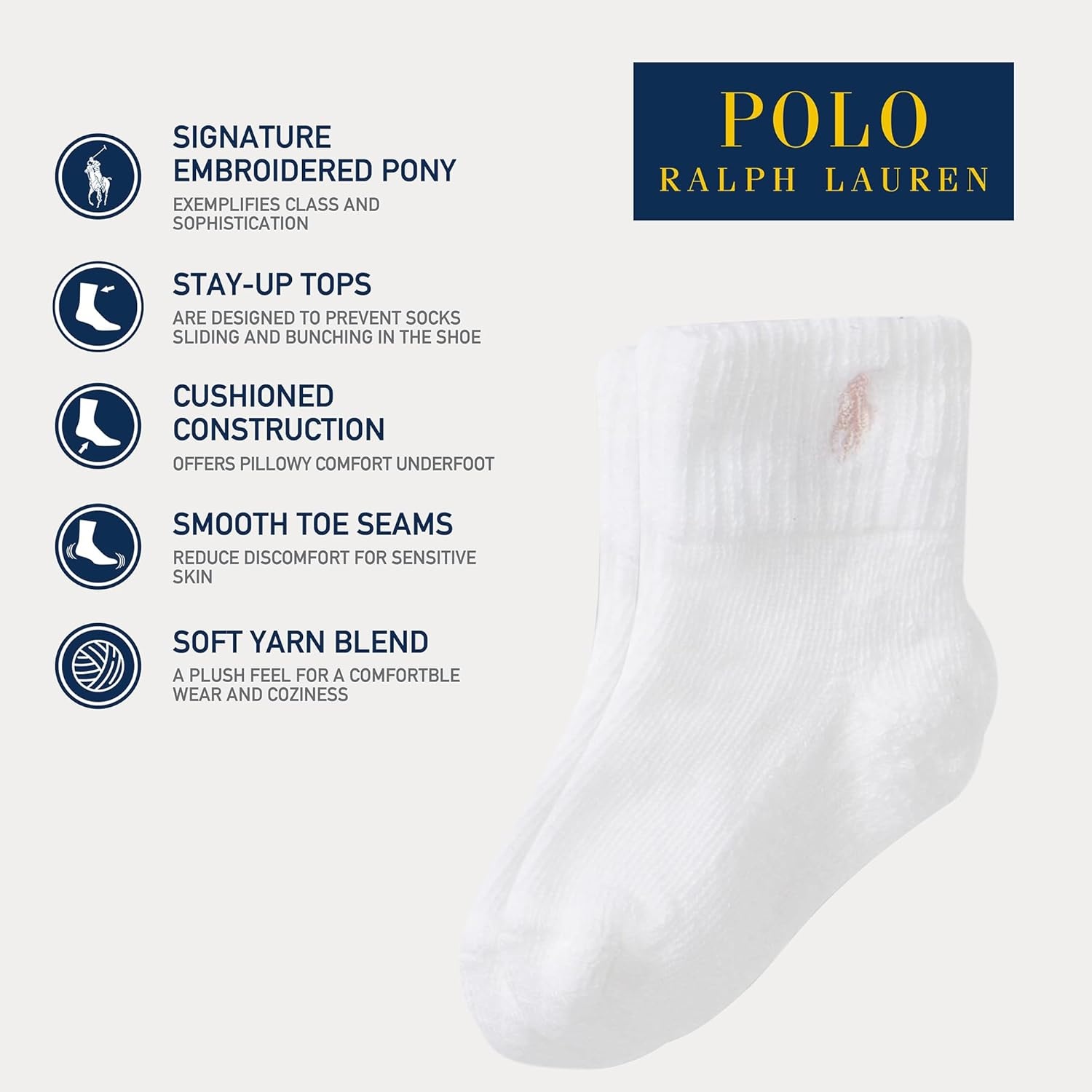 imagePolo Ralph Lauren Babys Classic Sport Ankle Socks 6 Pair Pack Soft Stretchy Yarn amp Stay Up TopWhite