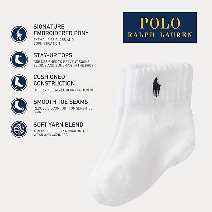 imagePolo Ralph Lauren Babys Classic Sport Ankle Socks 6 Pair Pack Soft Stretchy Yarn amp Stay Up TopWhite Navy Cotton