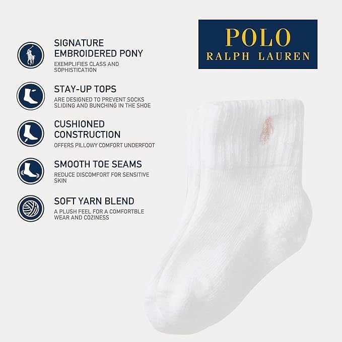 imagePolo Ralph Lauren Babys Classic Sport Ankle Socks 6 Pair Pack Soft Stretchy Yarn amp Stay Up TopWhite Pink Cotton